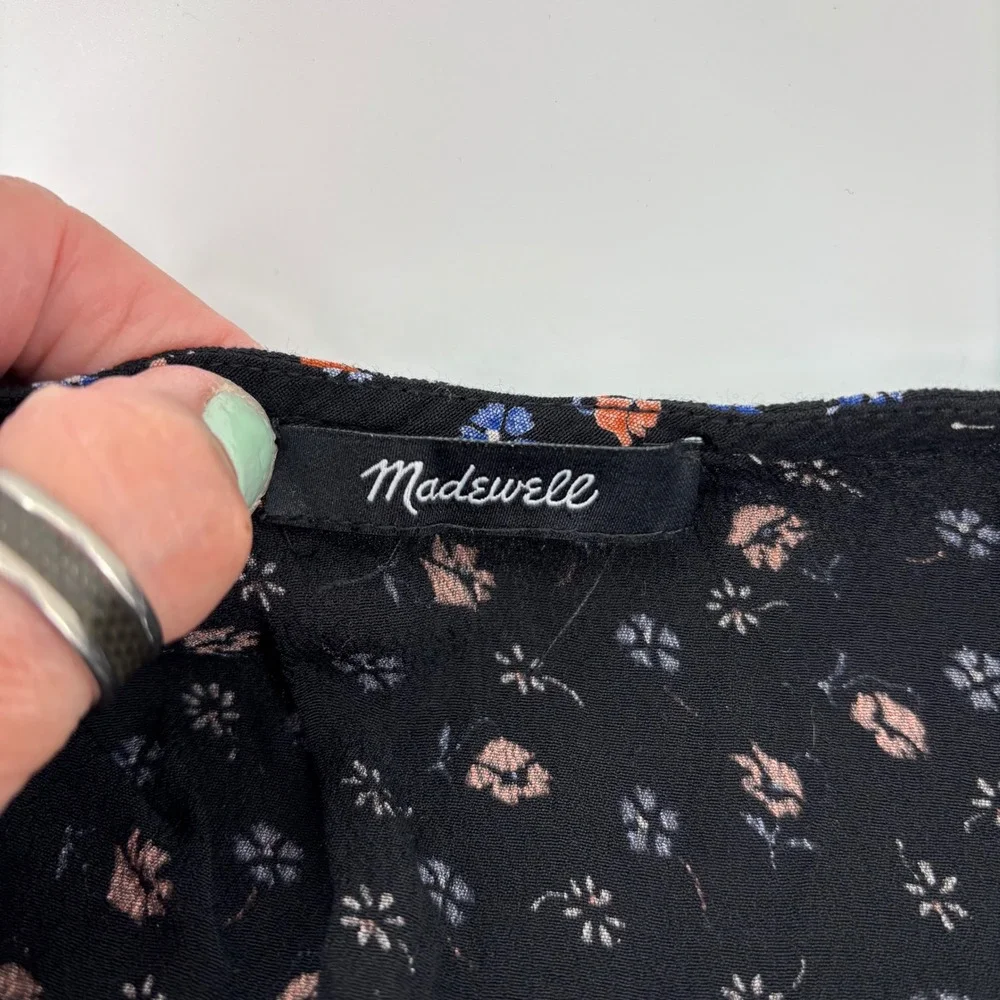 Madewell Womens Blouse XS Black Floral V-Neck Smocked Peplum Top Romantic Boho